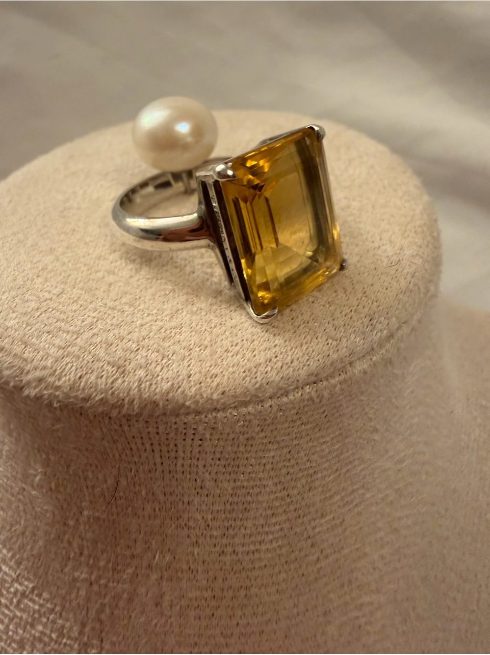 Yellow Gem & Pearl Sterling-Style Open Ring